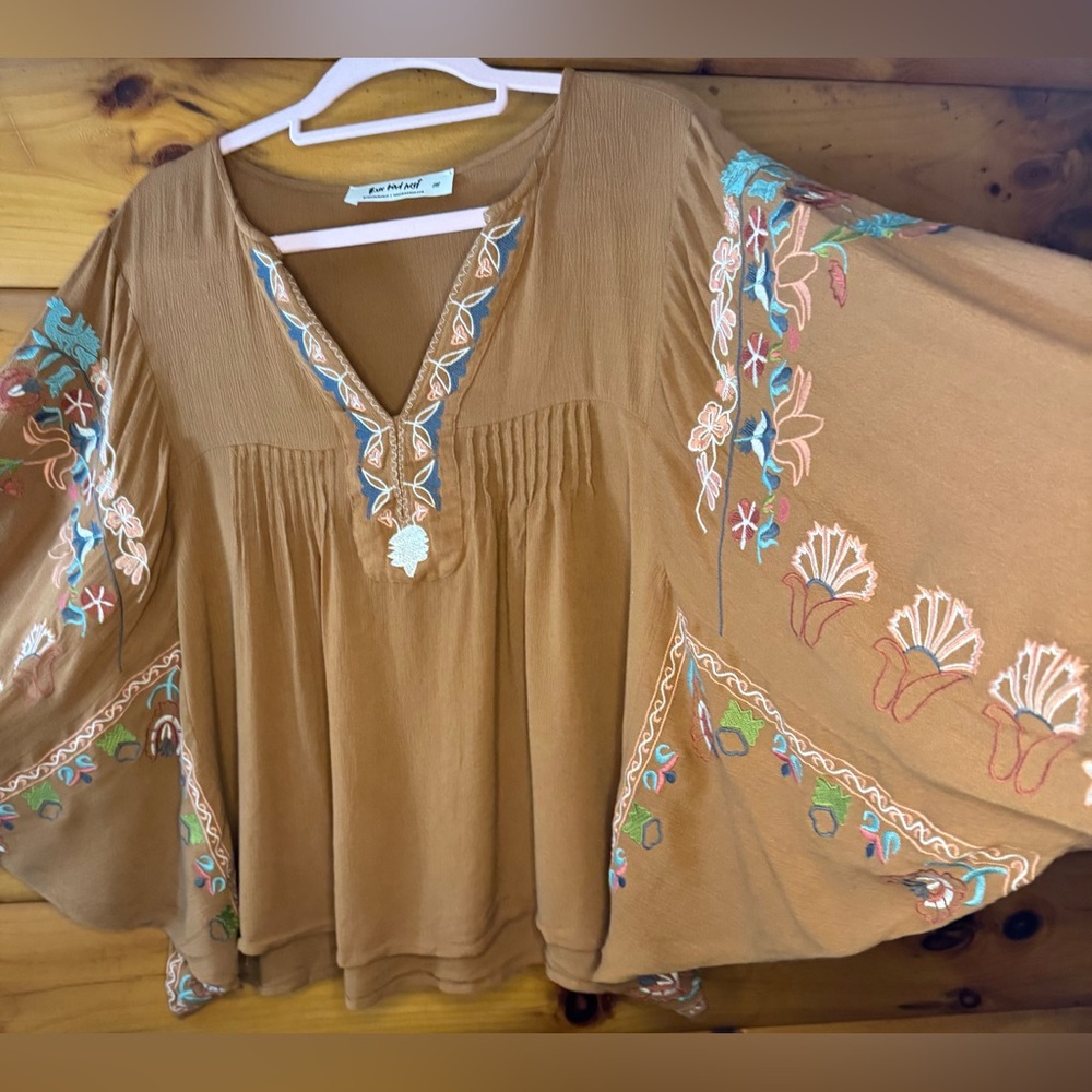 Dolman Frida Boho Embroidered Peasant Blouse - Camel